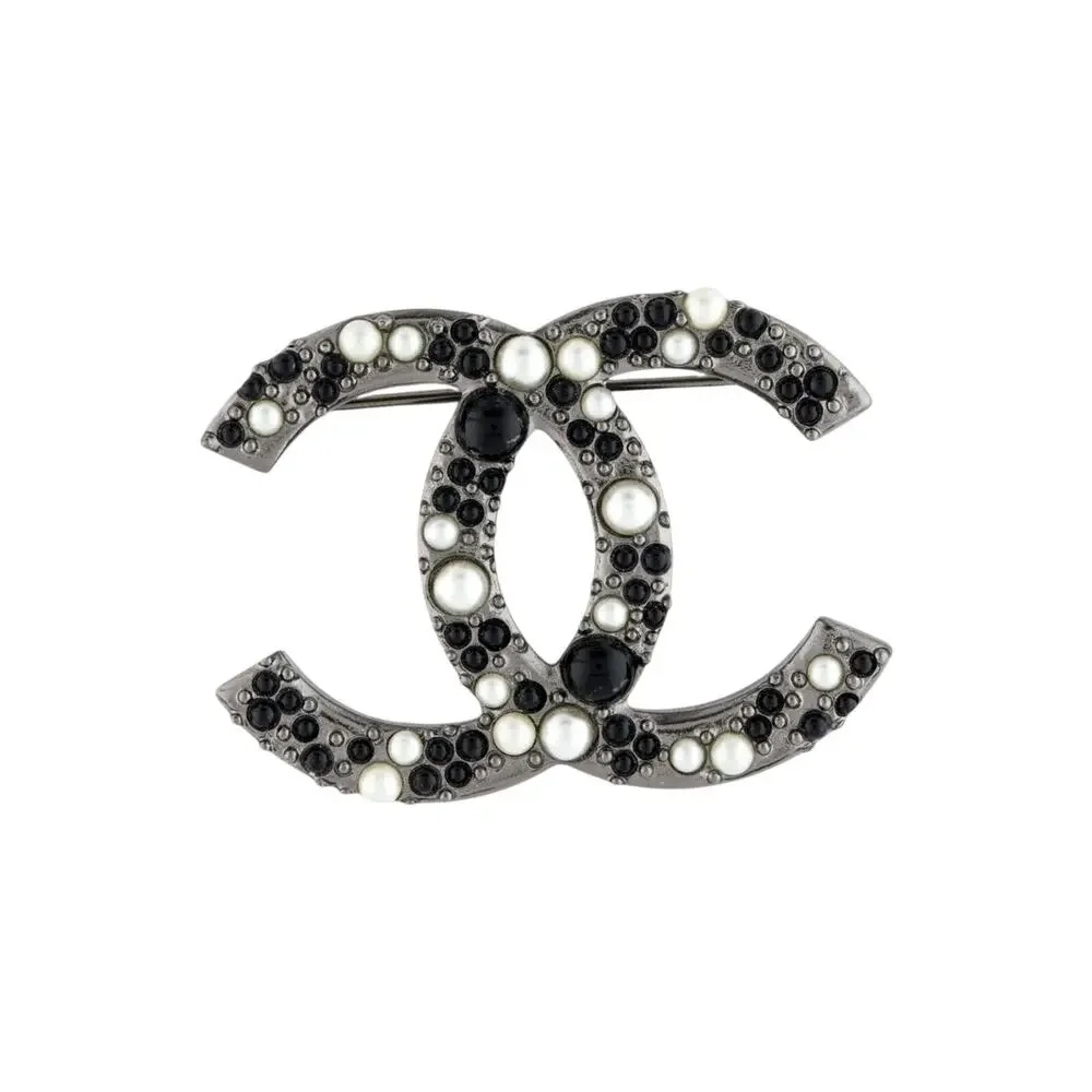 Chanel Silver-tone Faux Pearl Resin Interlocking CC Pin Brooch